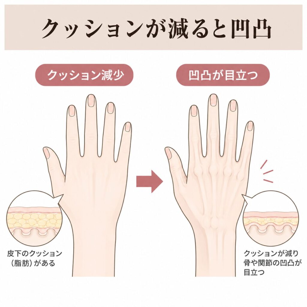 皮下のクッションが減ると骨や関節の凹凸が目立つ図