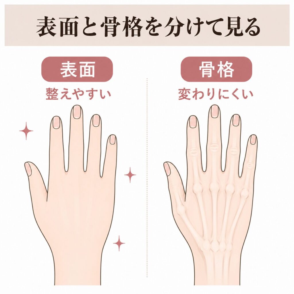 表面のゴワつきは整えやすく骨格は変わりにくいことを示す図