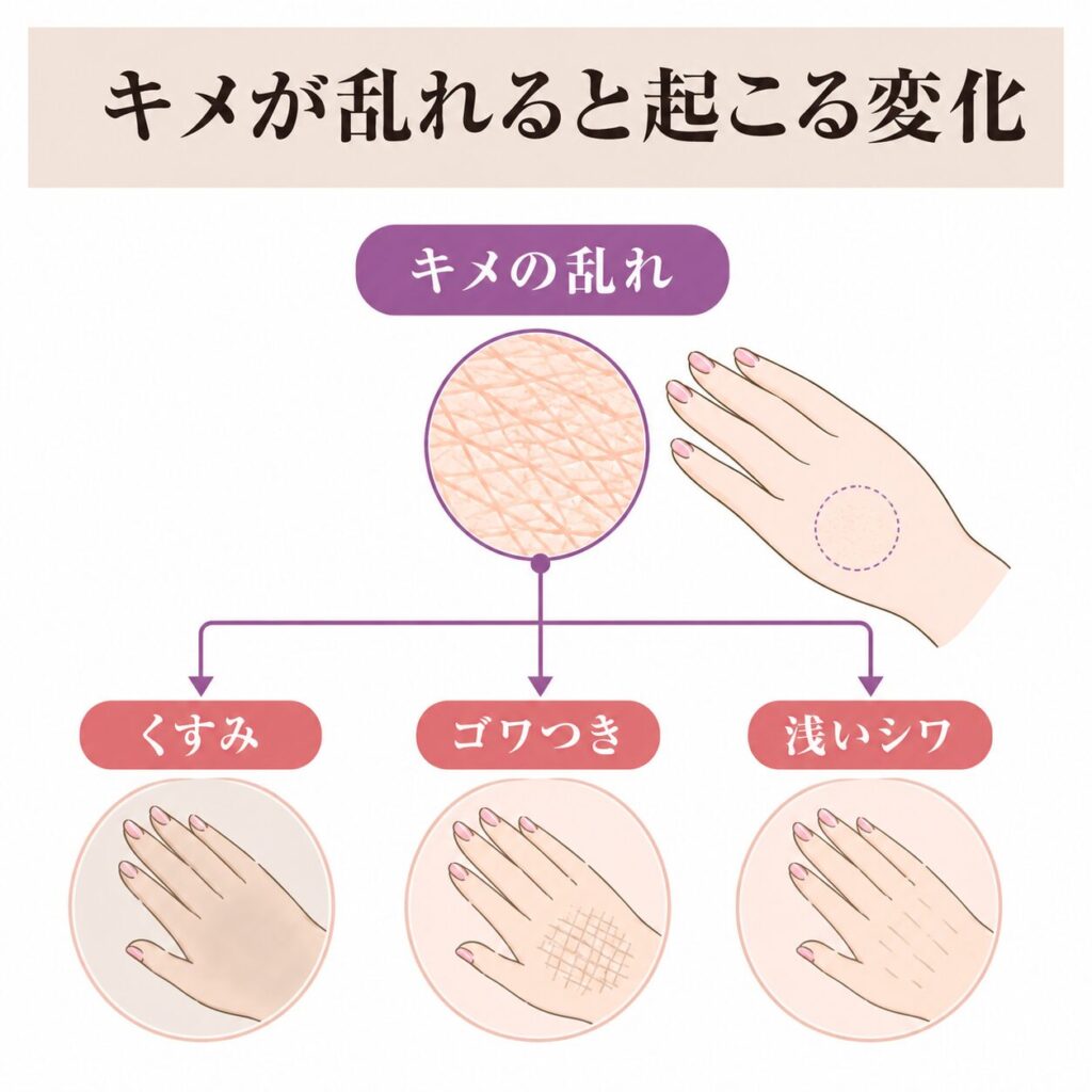 キメの乱れからくすみ・ゴワつき・浅いシワにつながる図