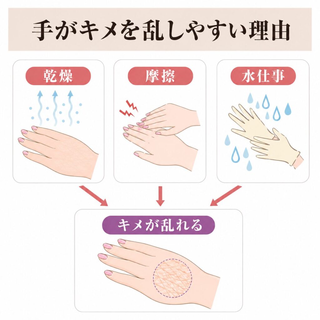 乾燥・摩擦・水仕事でキメが乱れやすいことを示す図