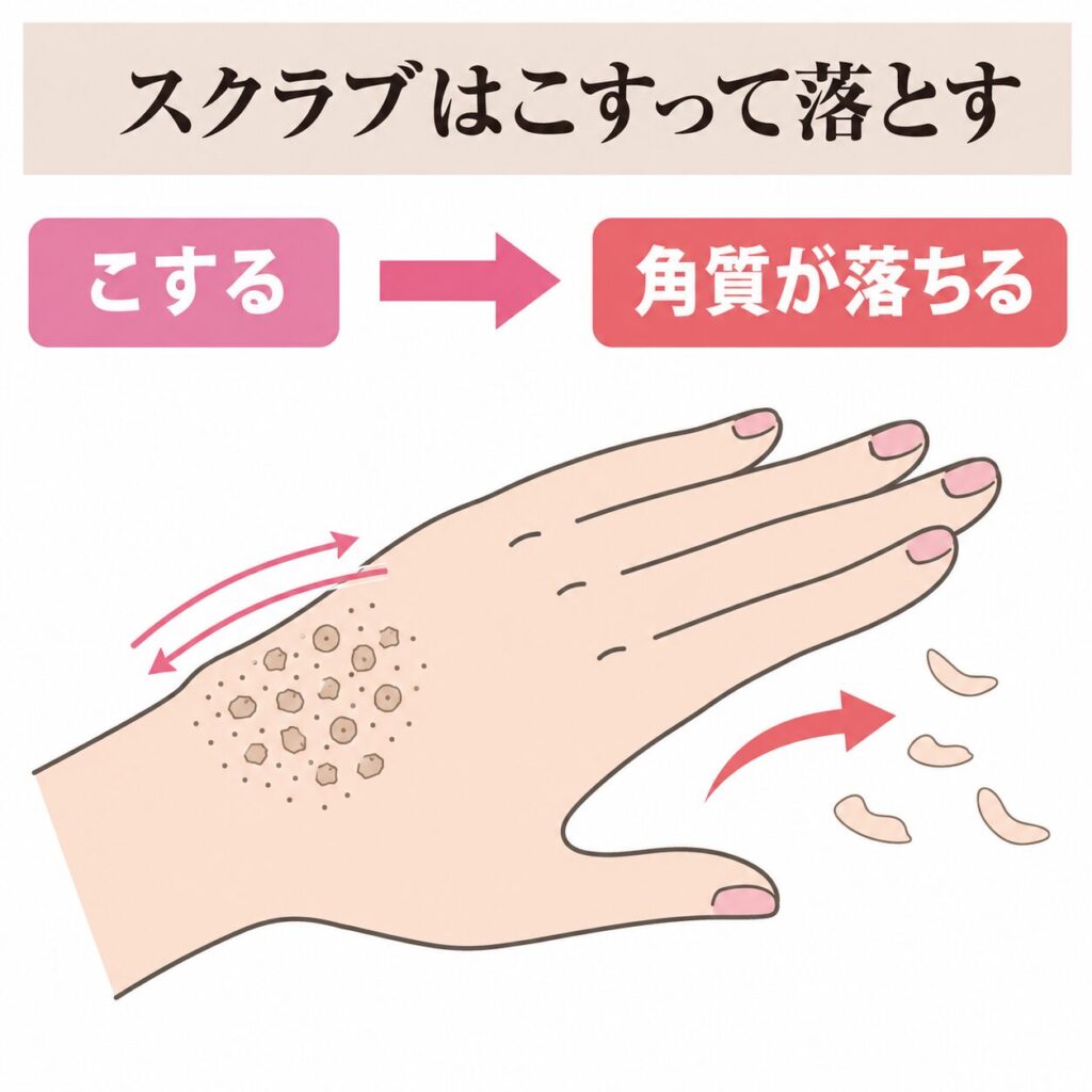 スクラブが物理的刺激で角質を落とす図