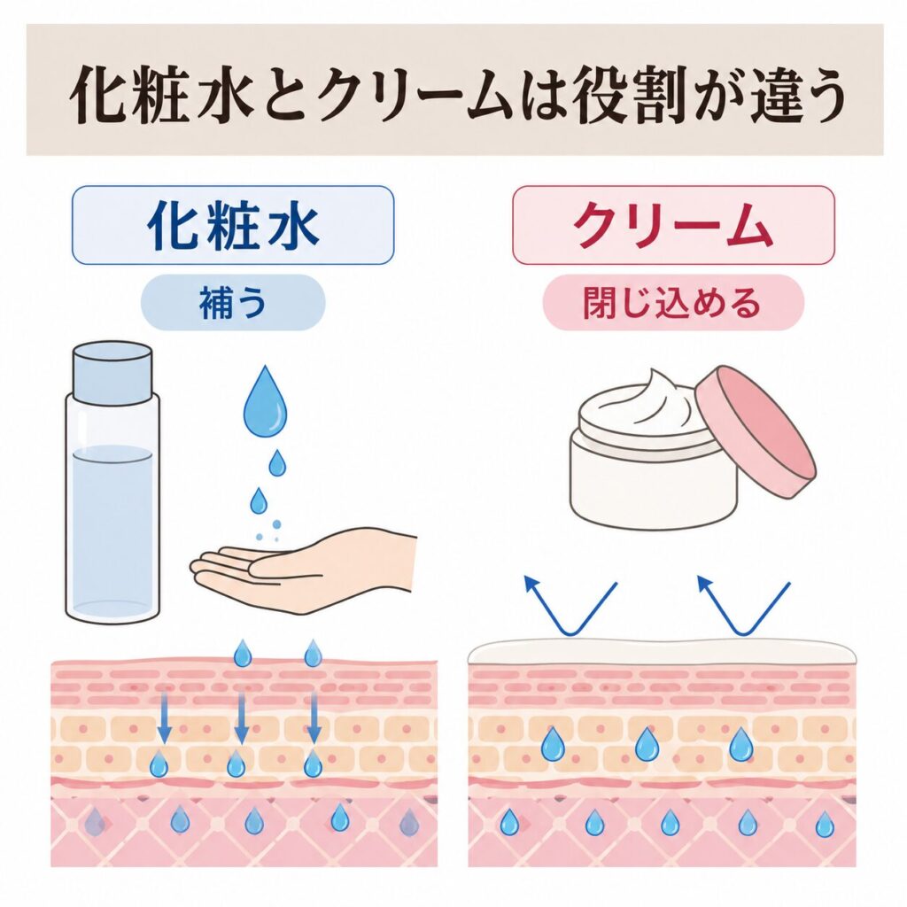 化粧水とハンドクリームの違いを示す図