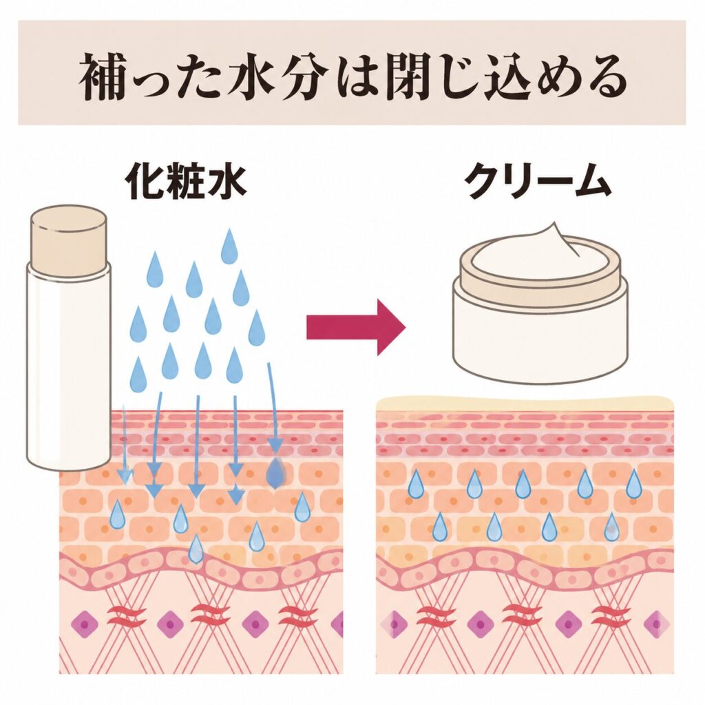化粧水のあとにクリームで閉じ込める図