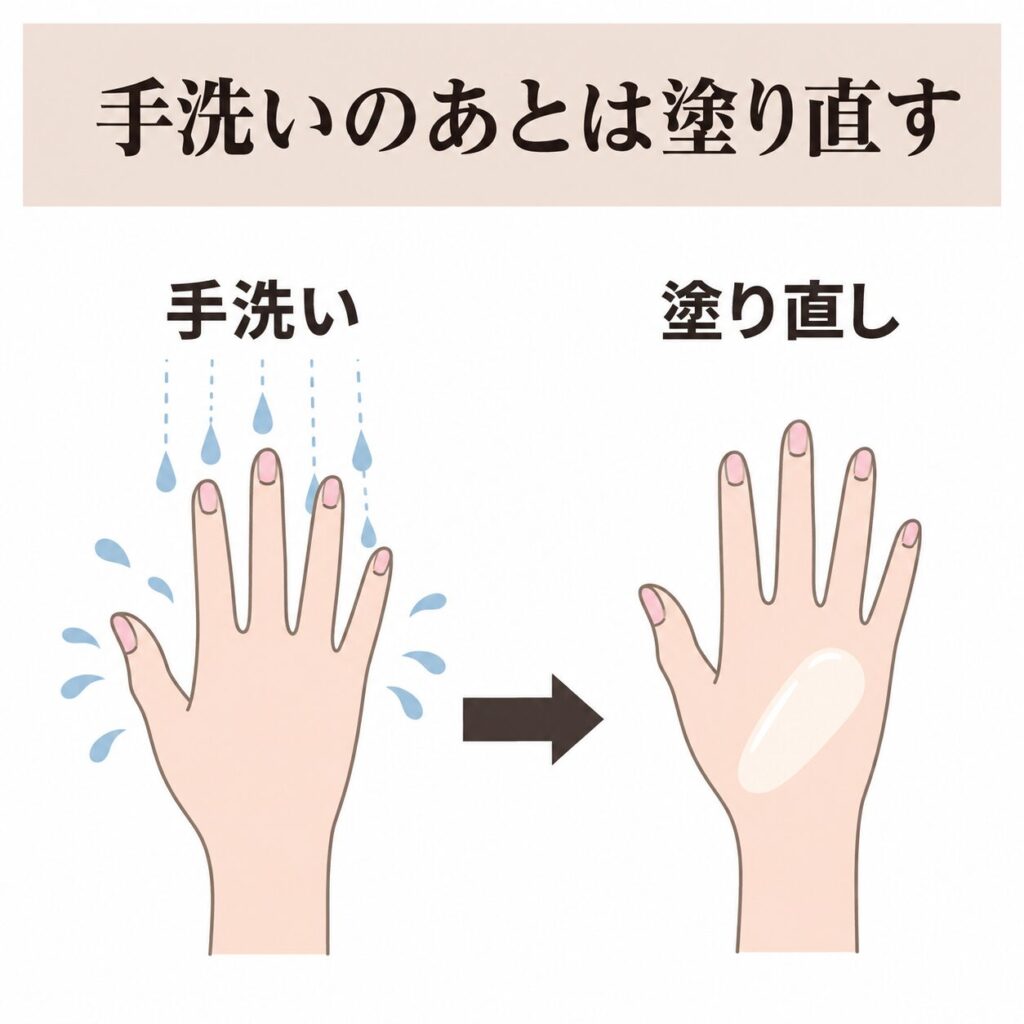 手洗いのあと日焼け止めを塗り直す図