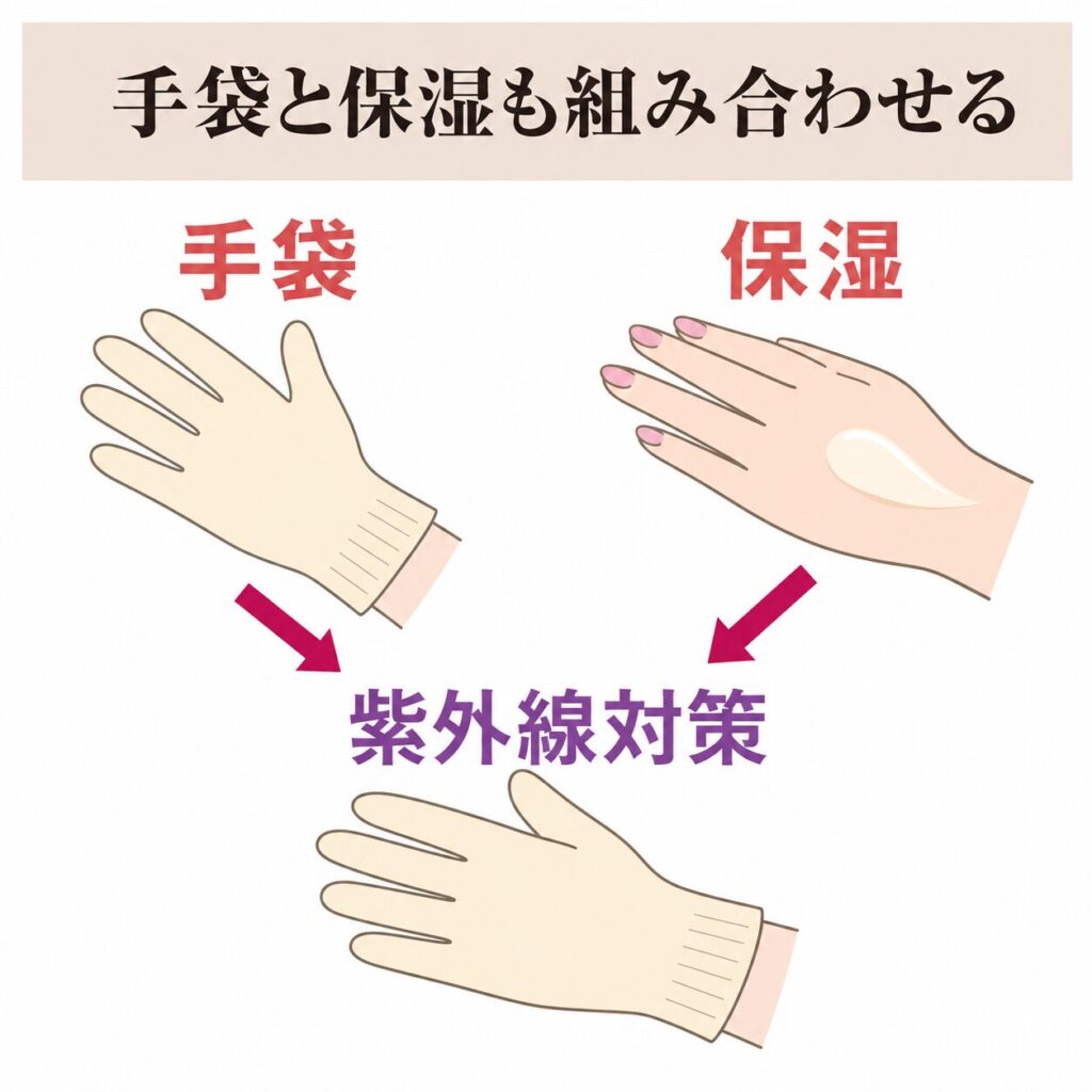 手袋と保湿で手の紫外線対策を補う図