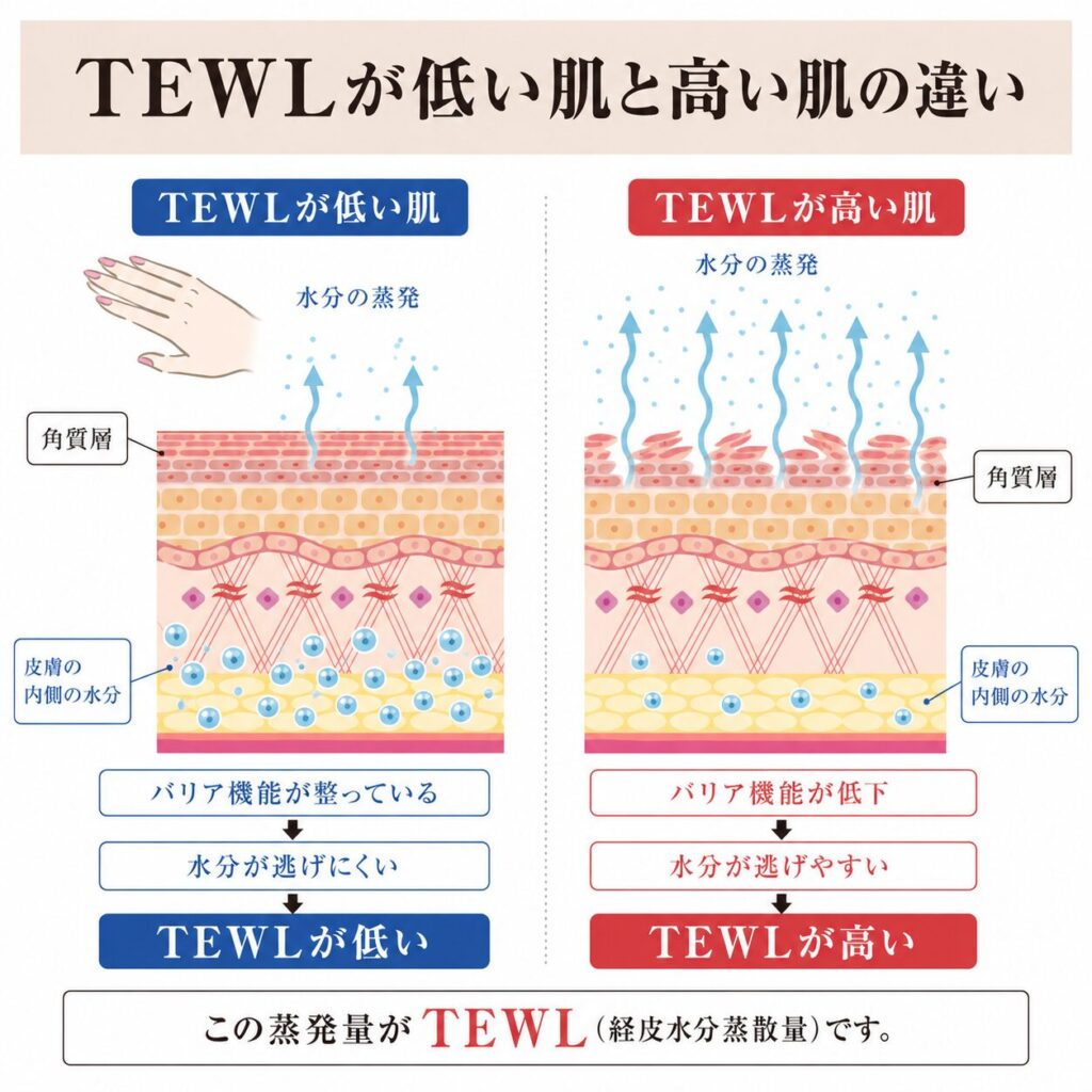 TEWL(経皮水分蒸散量)が角質層から水分が蒸発する仕組みを示す図