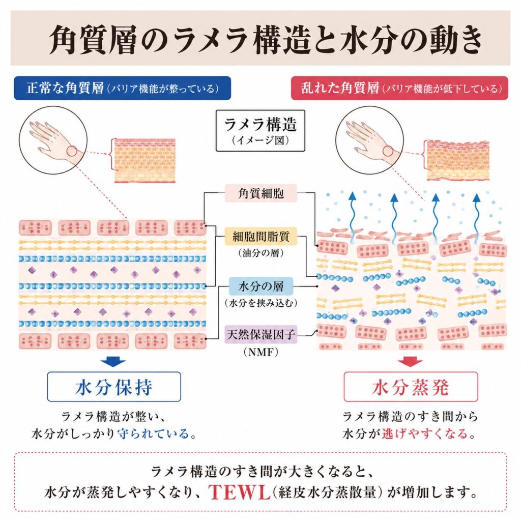 角質層のラメラ構造から水分が蒸発していく流れを示す図