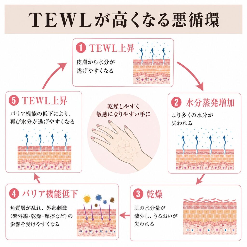 TEWL上昇と乾燥が連鎖する悪循環を示す図
