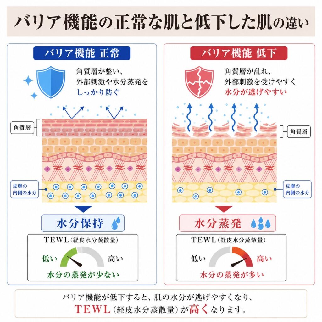 バリア機能の低下とTEWL上昇の関係を示す図