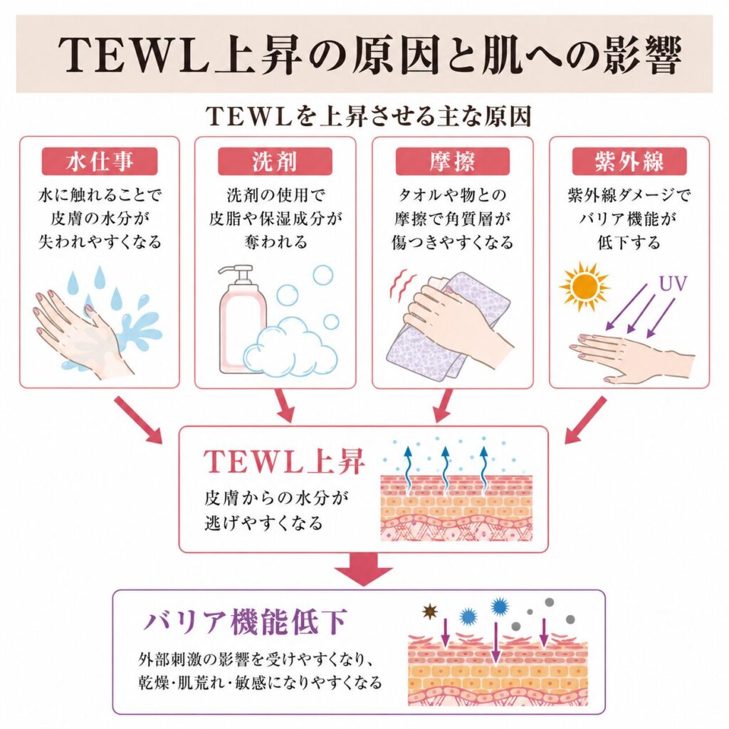 水仕事・洗剤・摩擦・紫外線がTEWL上昇につながる原因を示す図