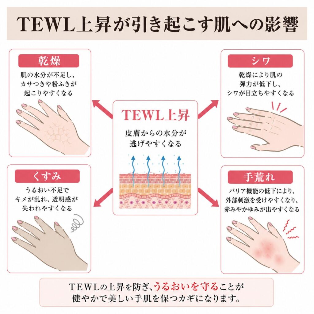 TEWL上昇から乾燥・シワ・くすみ・手荒れへとつながる変化を示す図