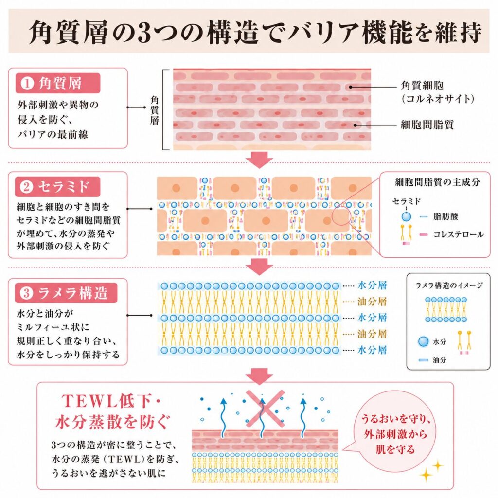 角質層・セラミド・ラメラ構造がTEWLを抑える仕組みを示す図