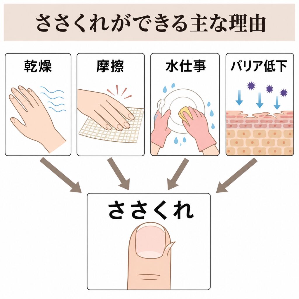 乾燥・摩擦・水仕事・バリア低下からささくれにつながる図