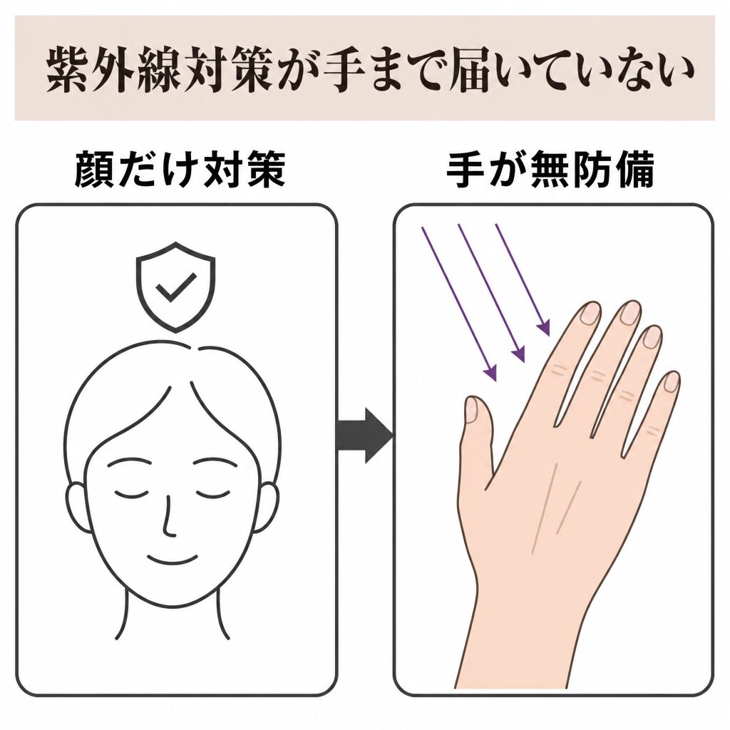 紫外線対策が手まで届いていない図