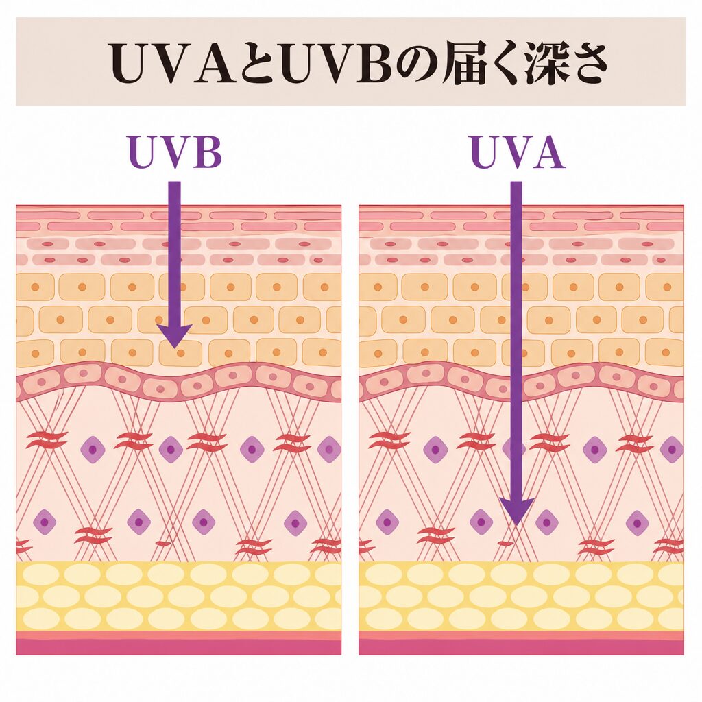 UVBとUVAの届く深さの違いを示す図