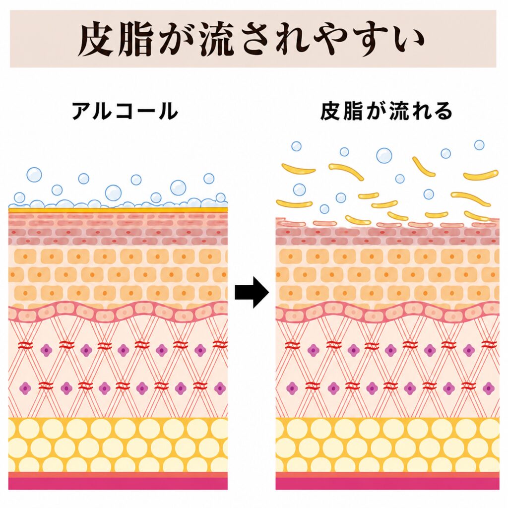 アルコールで皮脂が流されやすい図