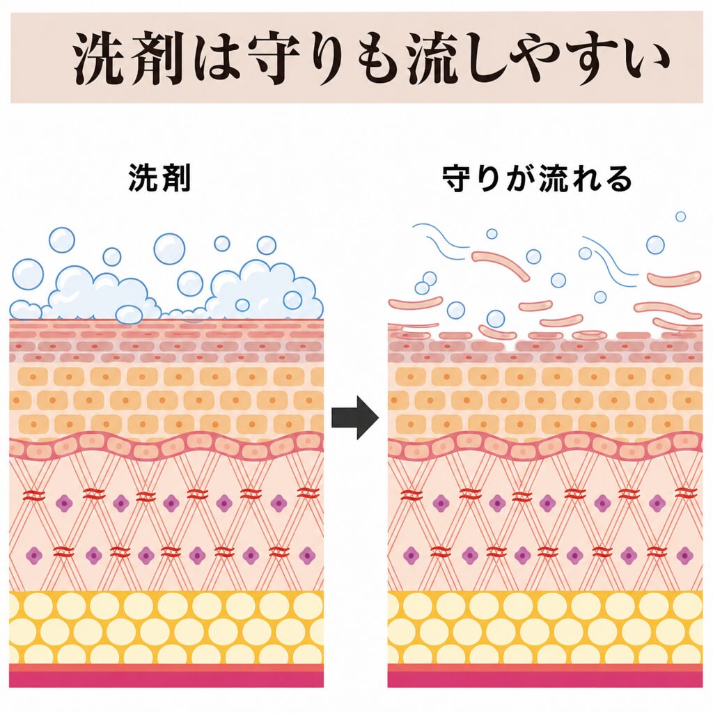 洗剤で表面の守りが流れる図