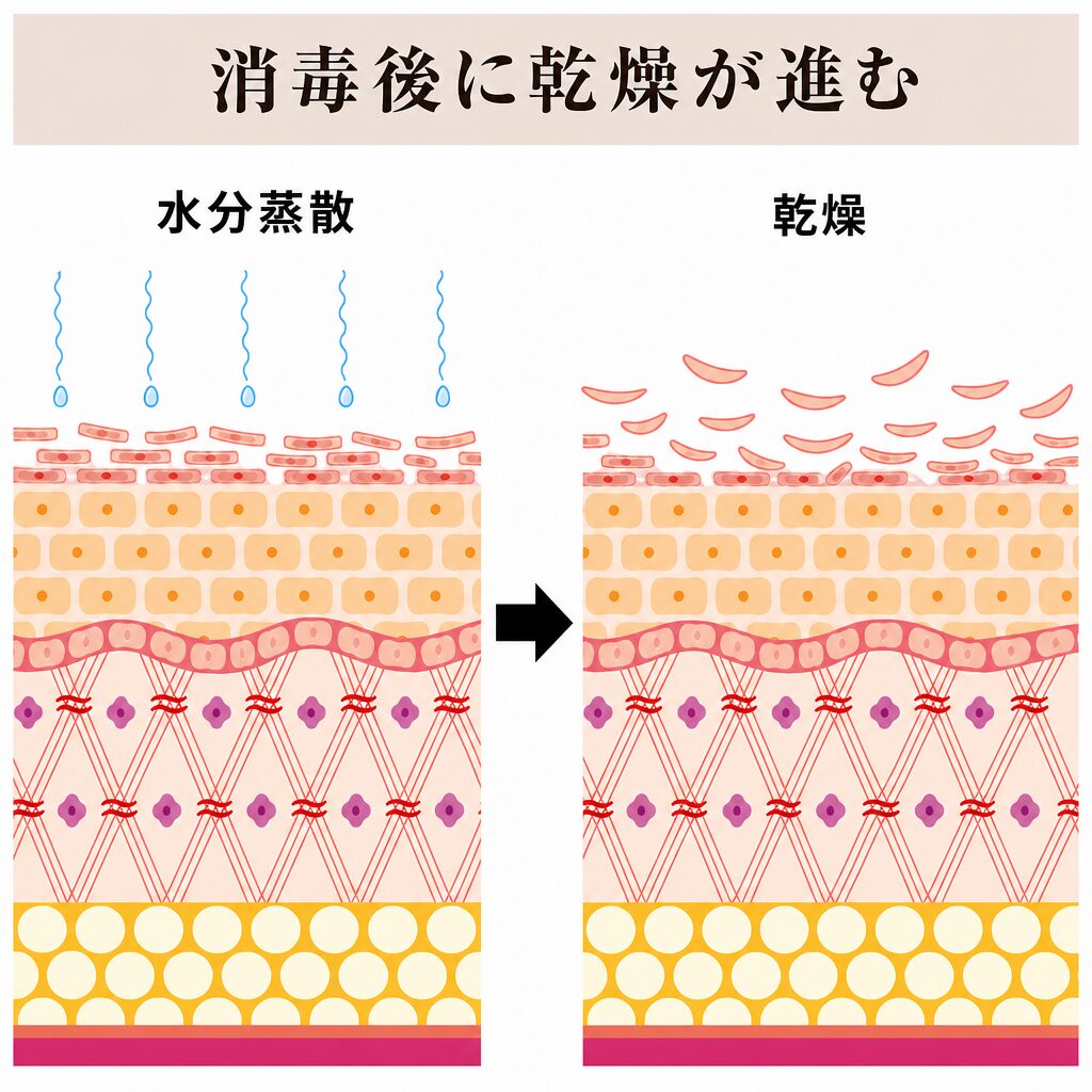 アルコール消毒後に乾燥が進む図