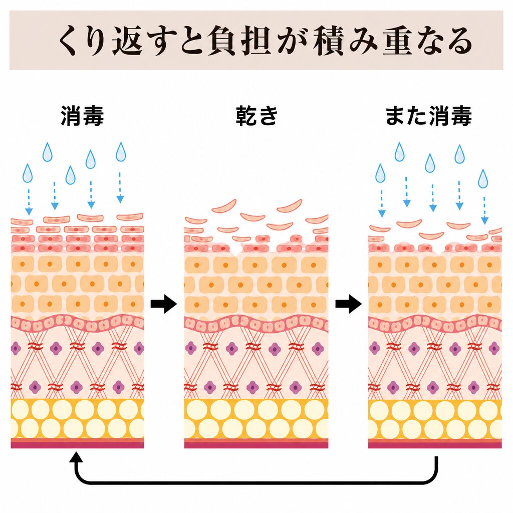 消毒のくり返しで負担が積み重なる図