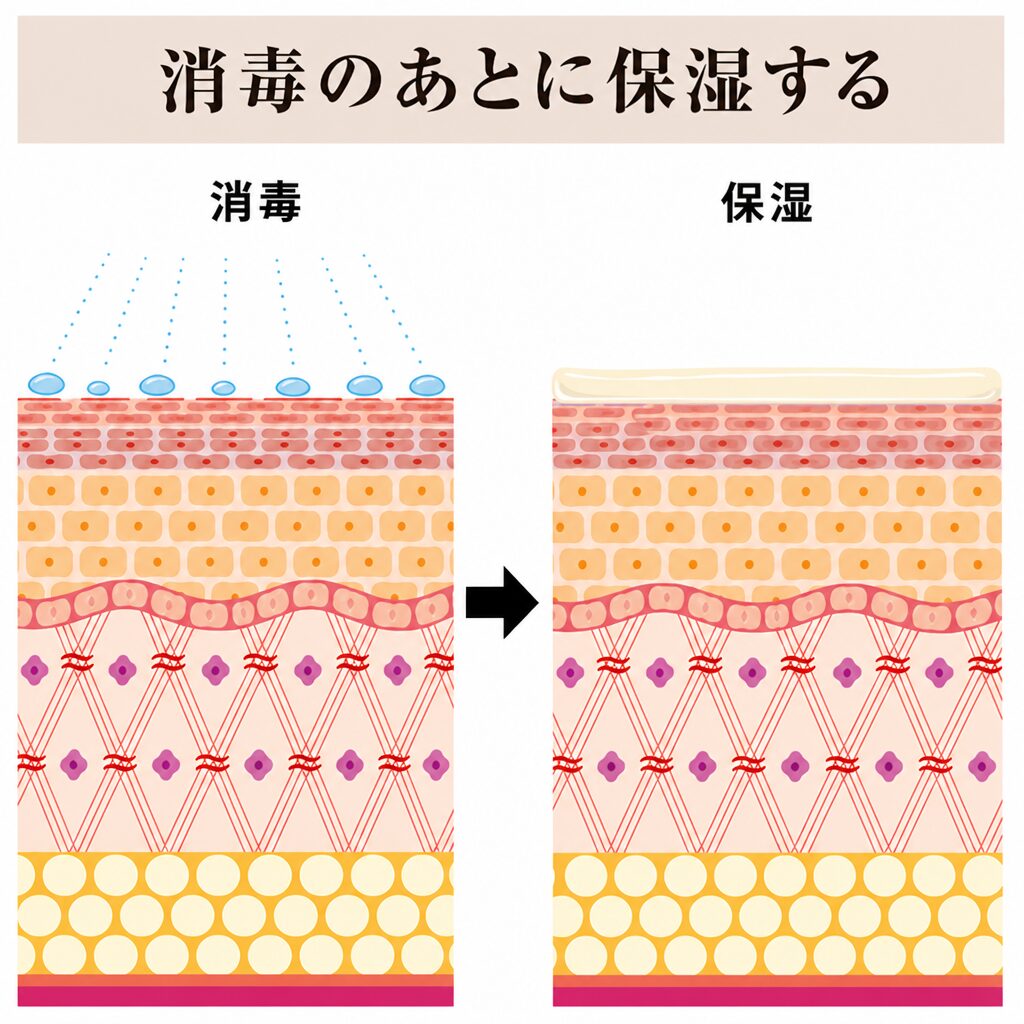 消毒のあとに保湿する流れの図