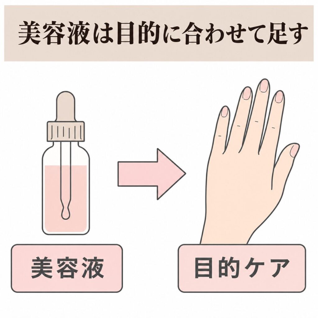 美容液は目的に合わせて足すケアであることを示す図