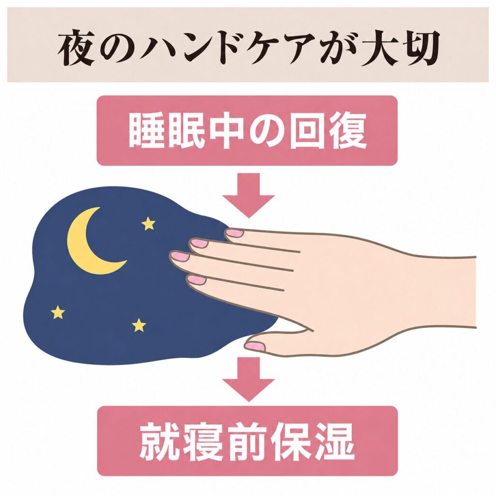 夜のハンドケアが睡眠中の回復と保湿に効く理由の図