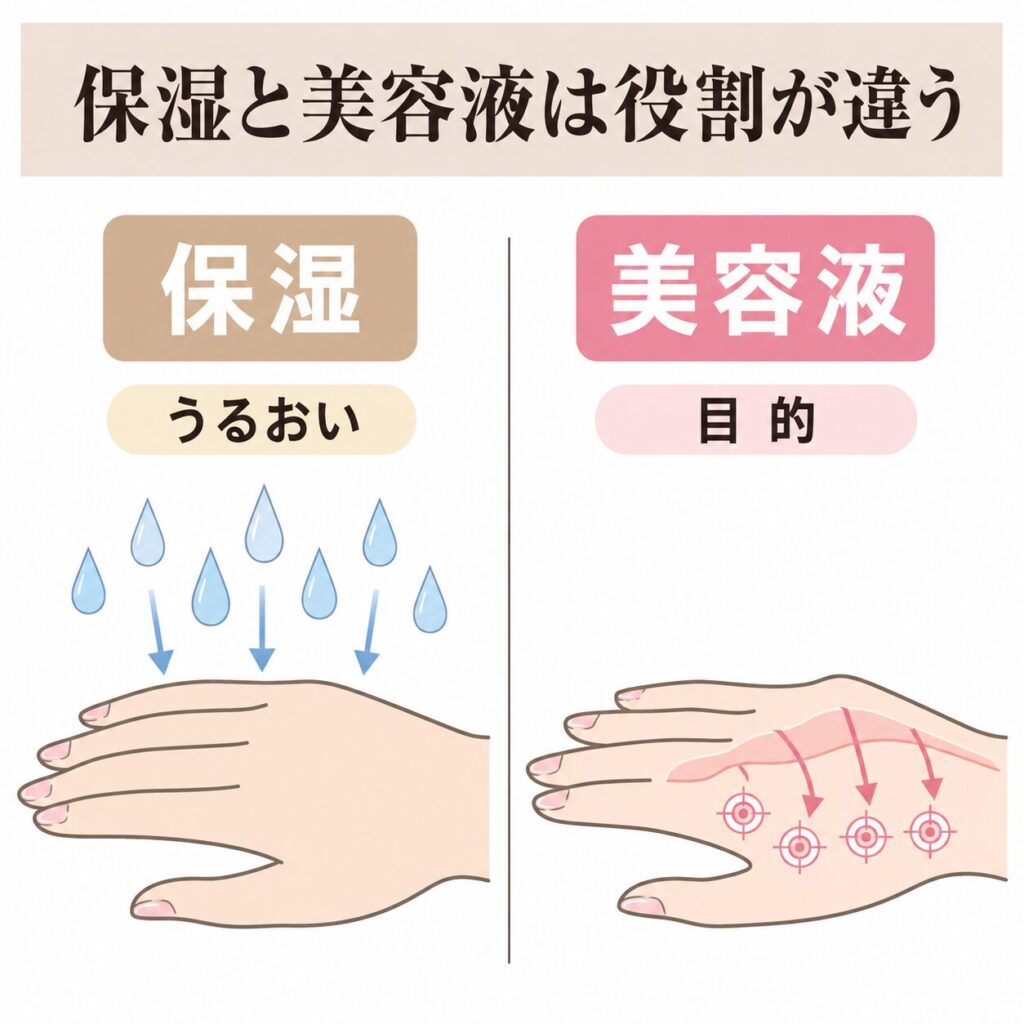 保湿と美容液の役割の違いを示す図