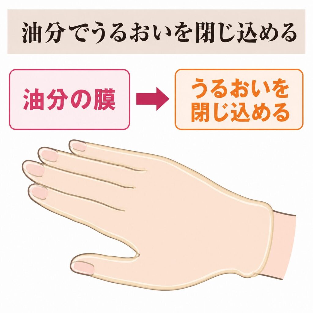 パラフィンパックが油分でうるおいを閉じ込める図
