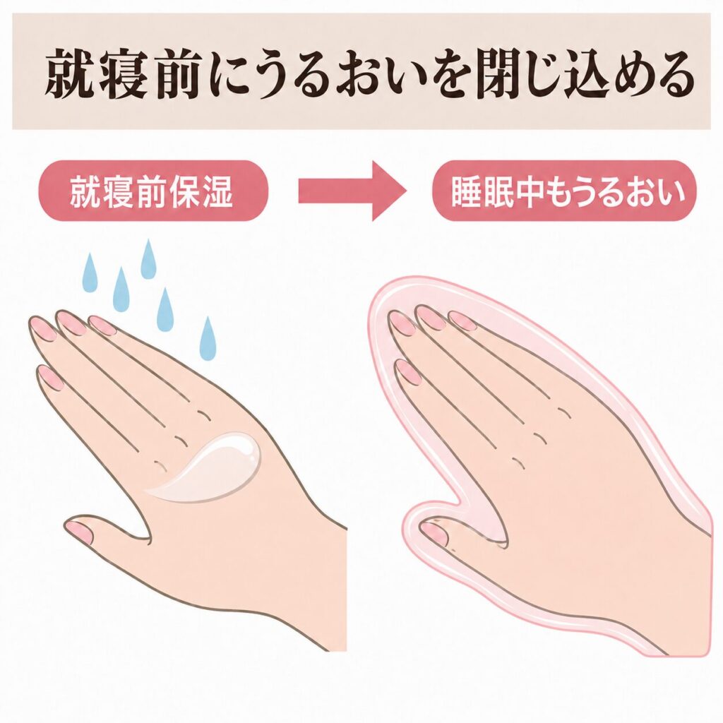 就寝前の保湿でうるおいを閉じ込める図