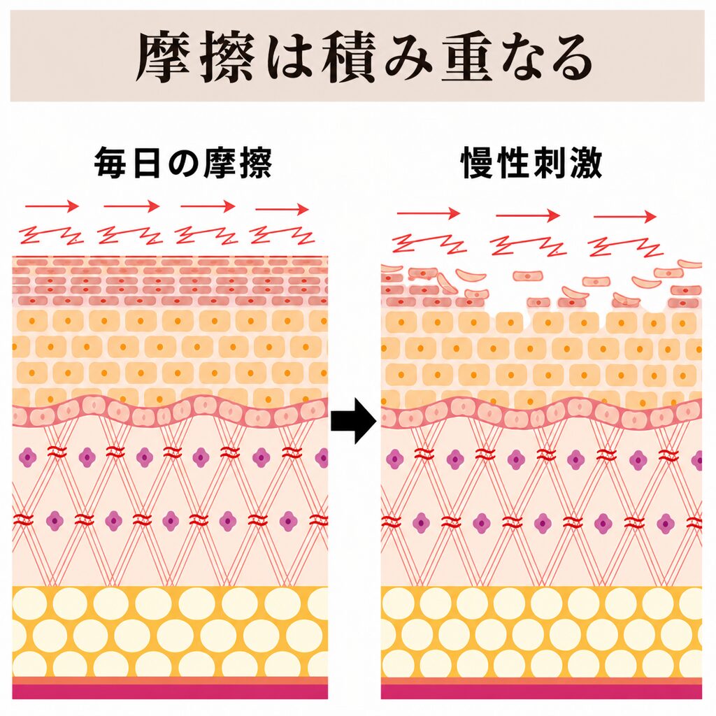 摩擦が慢性刺激として積み重なる図