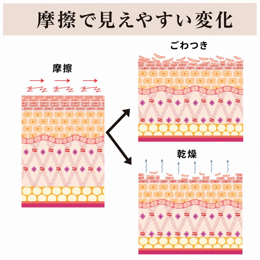 摩擦でごわつきや乾燥が見えやすい図