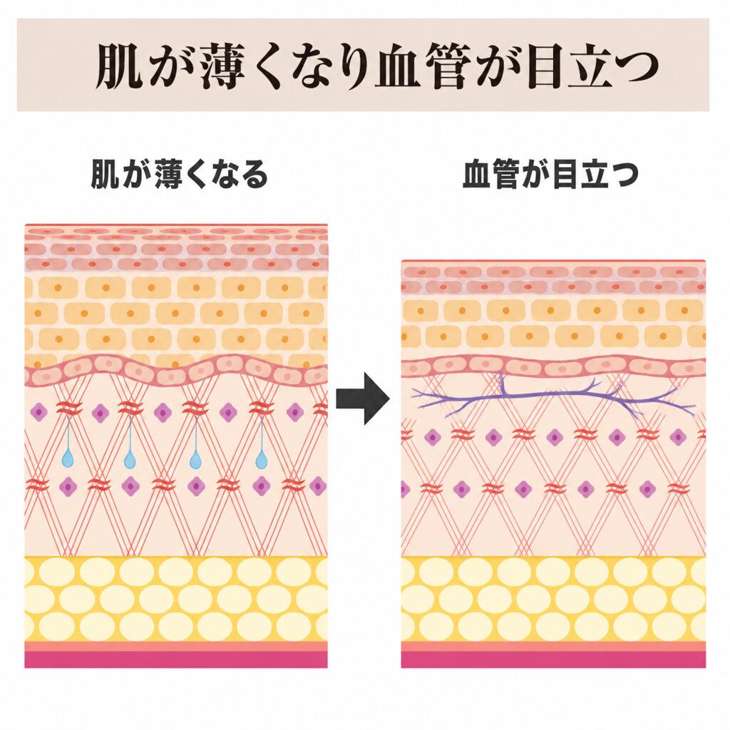 肌が薄くなり血管が目立つ図