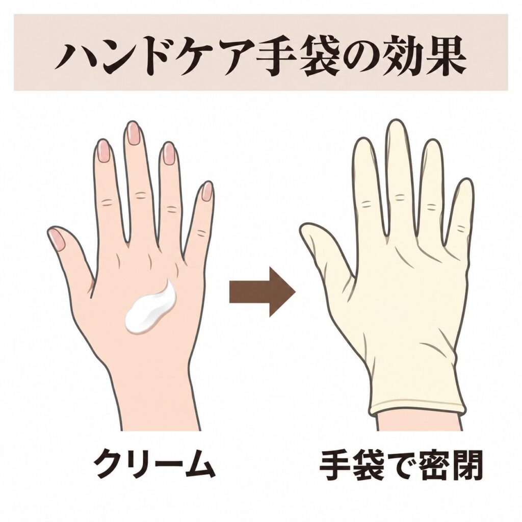 ハンドケア手袋がクリームを密閉して保湿する効果の図