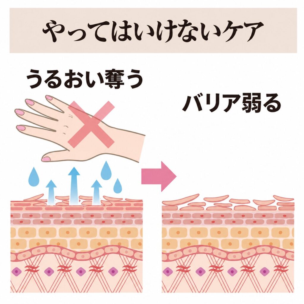 やってはいけないハンドケアが手肌のバリアに負担をかける図