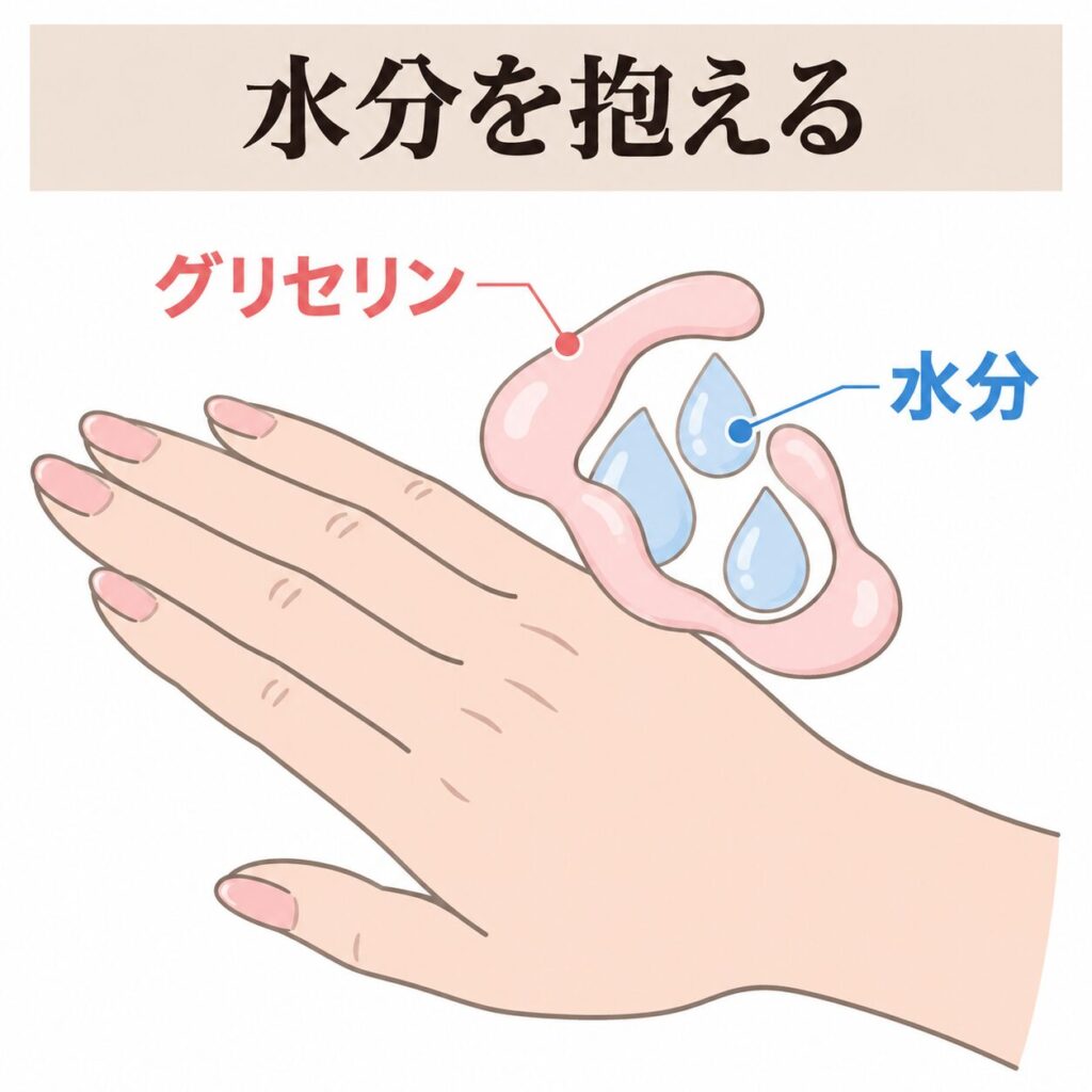 グリセリンが水分を抱える保湿成分であることを示す図
