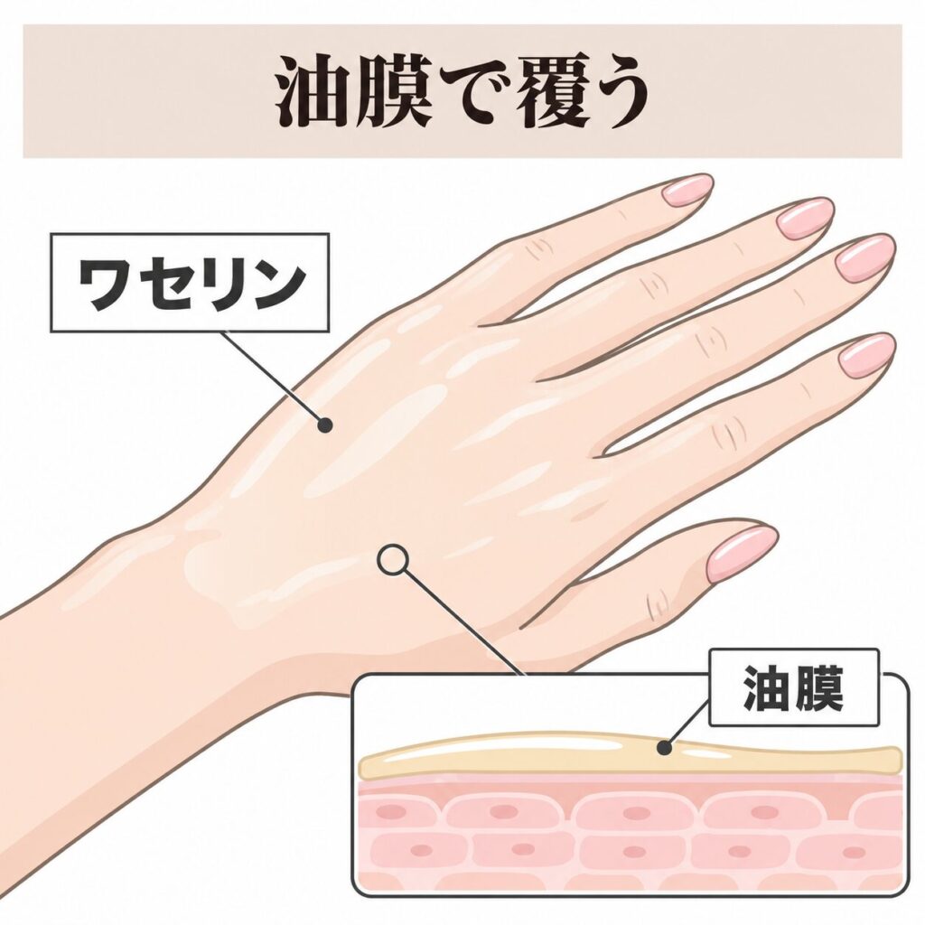 ワセリンが手の表面に油膜を作ることを示す図