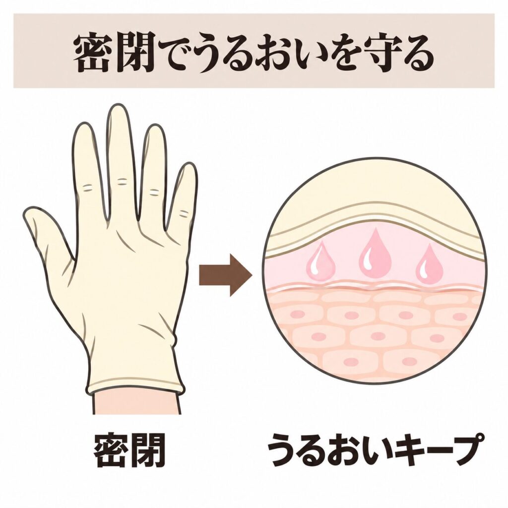 ハンドケア手袋の密閉効果でうるおいを逃がしにくくする図