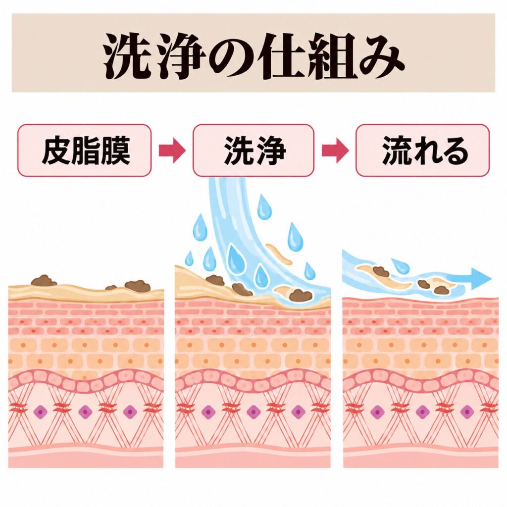 洗浄で皮脂膜と汚れが落ちる仕組みの図