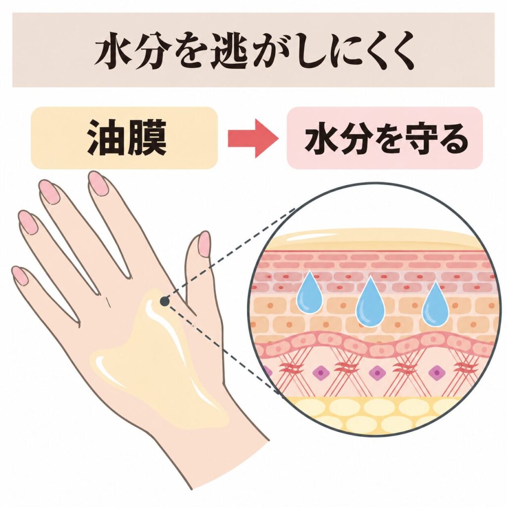 ワセリンの油膜が水分の逃げを少なくする図