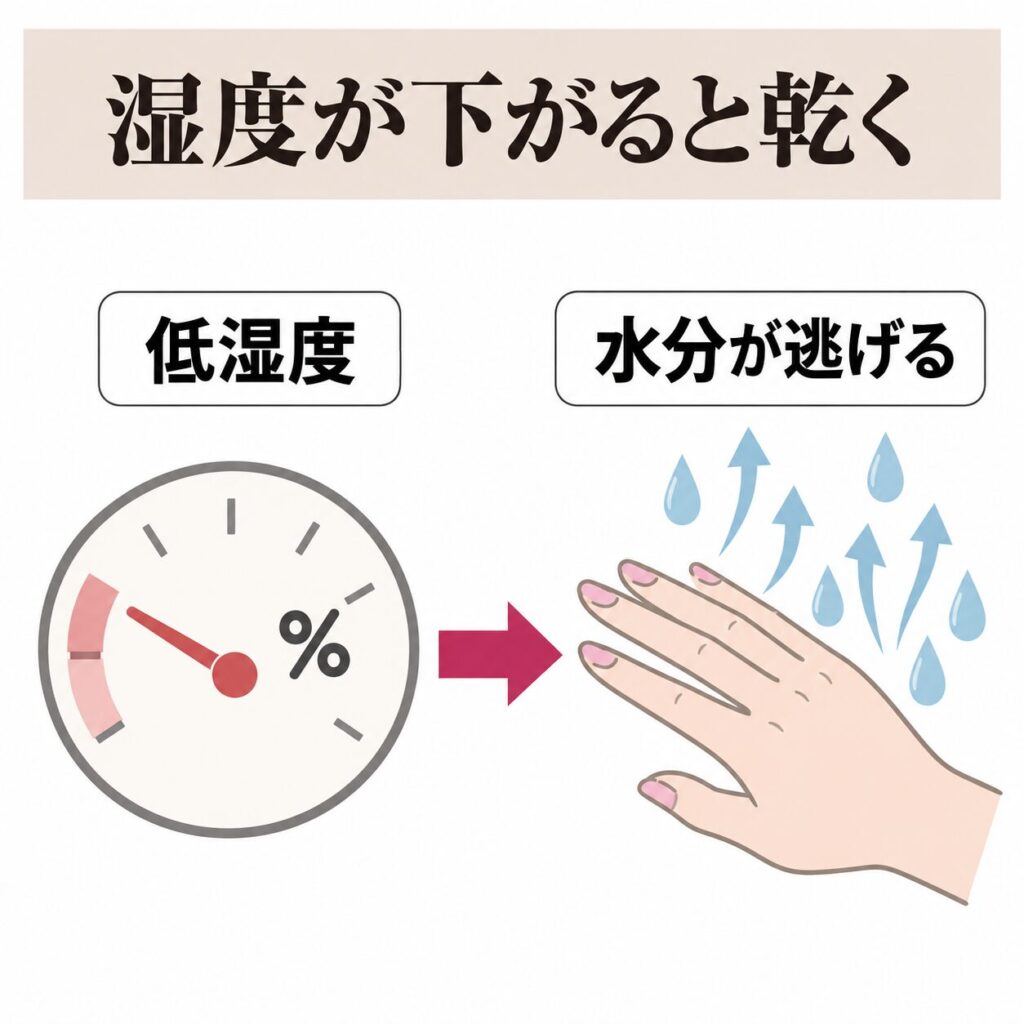 冬の湿度低下で手が乾きやすくなる図