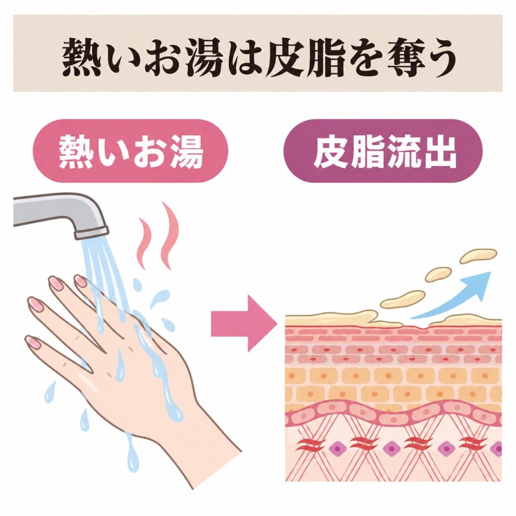 熱いお湯で手の皮脂が奪われやすい洗い方の図