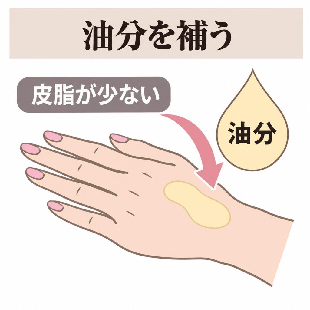 皮脂が少ない手にスクワランの油分を補う図