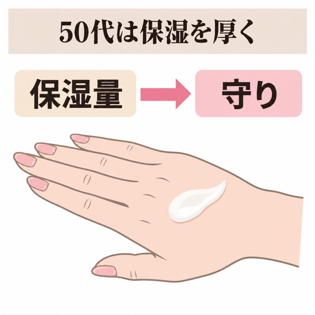50代の手肌で保湿量と守りを厚くするホームケアの図