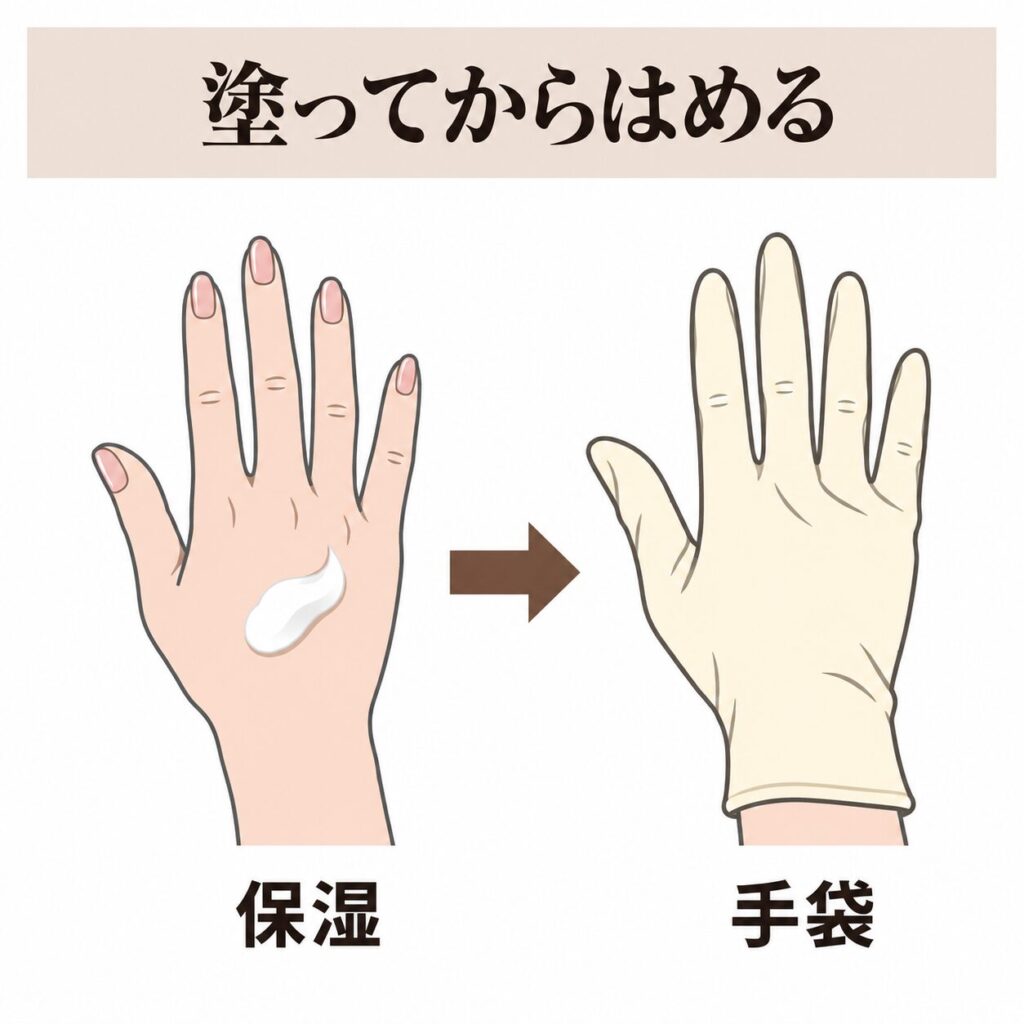 ハンドケア手袋をクリームのあとに組み合わせる保湿の図