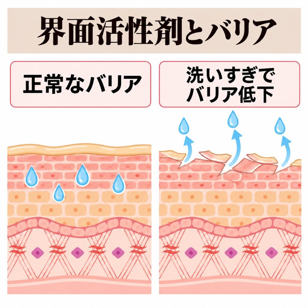 界面活性剤で洗いすぎるとバリア機能が弱まる図
