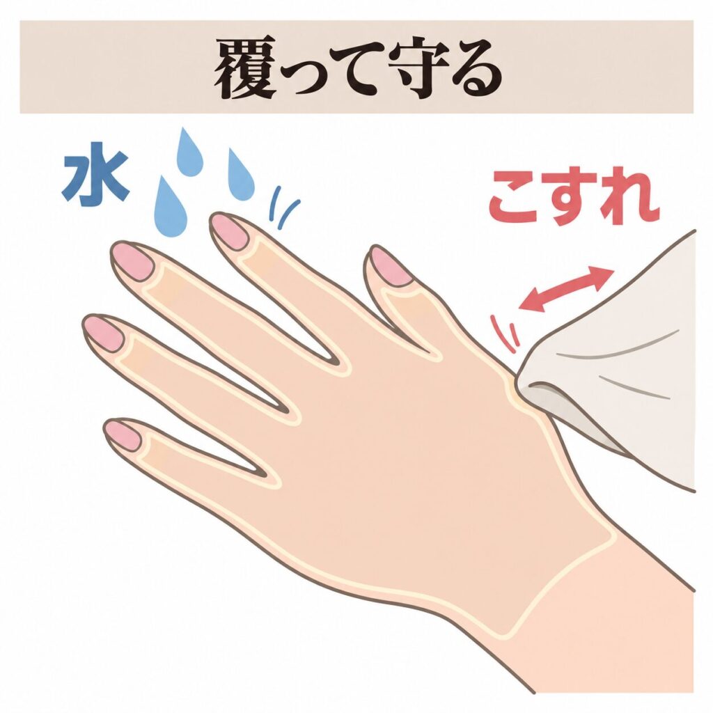 ワセリンが水とこすれから手の表面を守る図