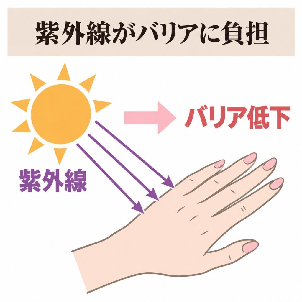 夏の紫外線が手のバリア機能に与える負担の図