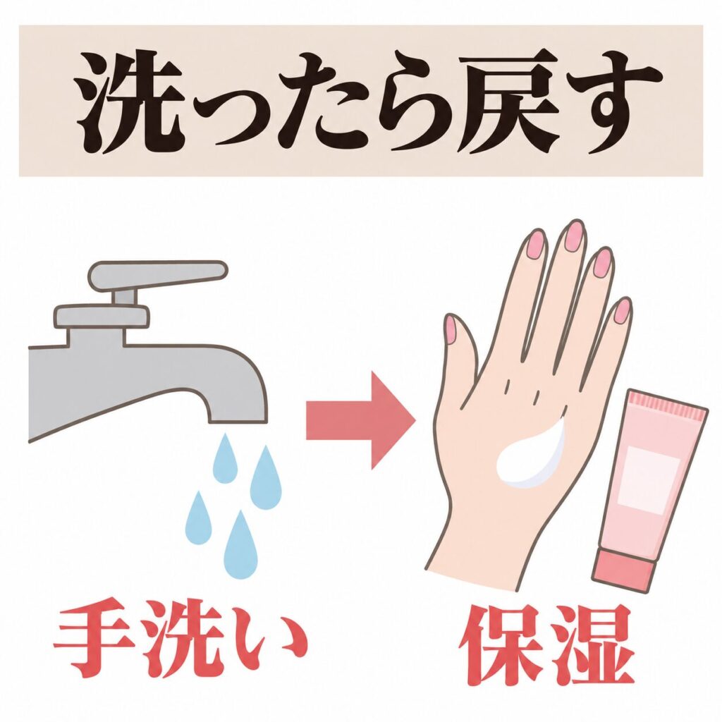 手洗いのあとにアミノ酸の保湿を戻す流れの図