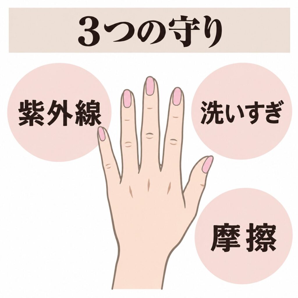 紫外線・洗いすぎ・摩擦から手を守る図