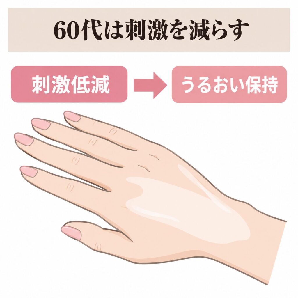 60代の手肌で刺激を減らしてうるおいを守るホームケアの図